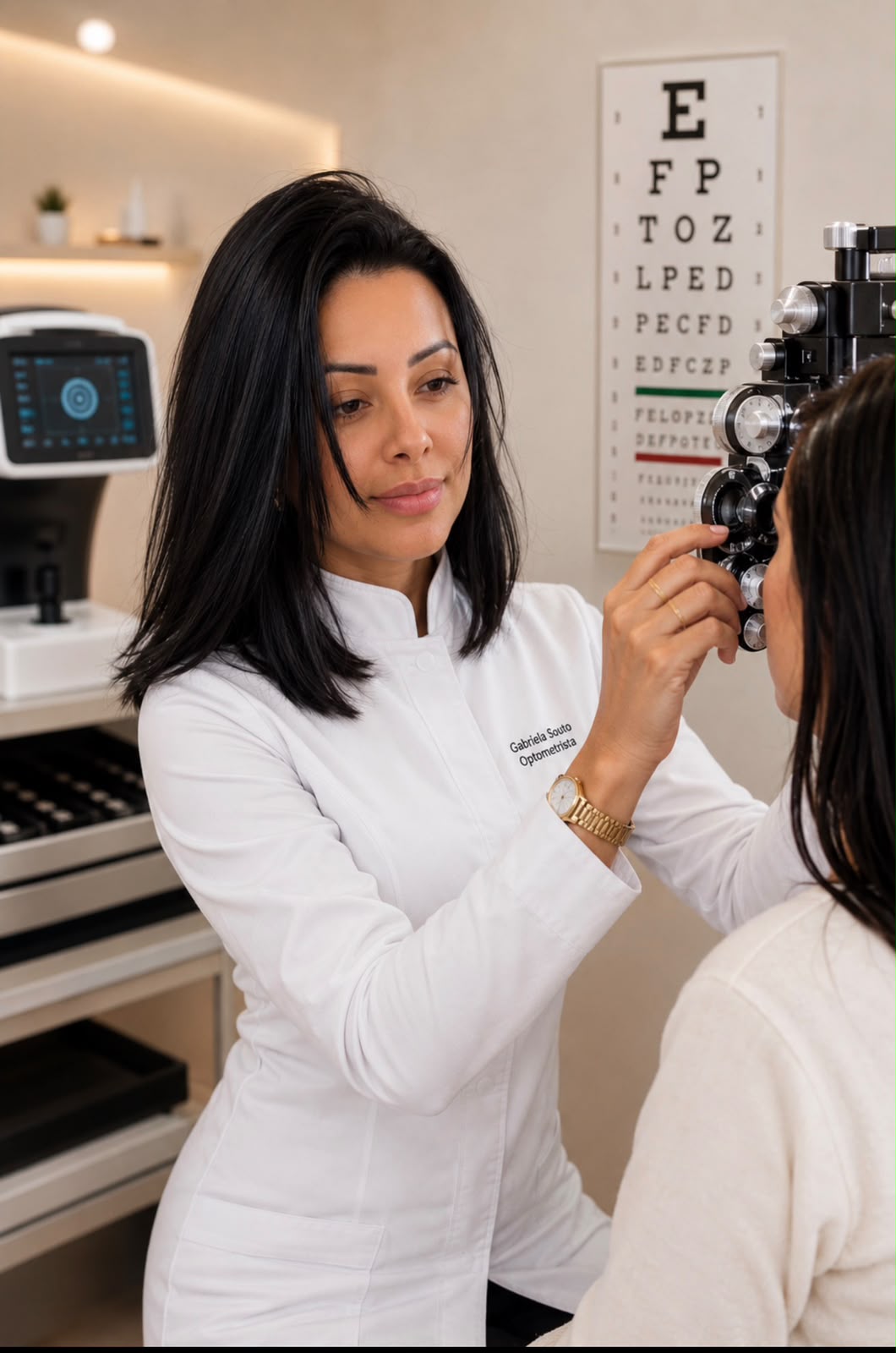 Gabriela Souto realizando exame de vista com forópter em consultório, com cartela de acuidade visual ao fundo